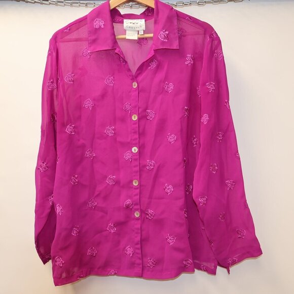 Country Wear Casuals Sheer Pink Button-Up Blouse With Embroidered Floral Pattern - Picture 1 of 10